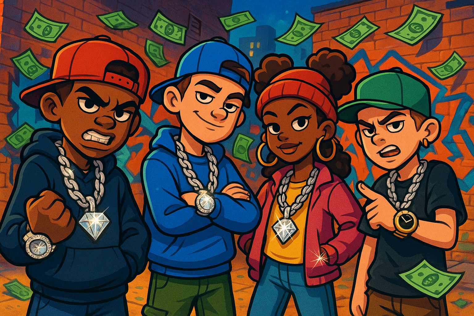 cool background with cartoon gangster teenagers wit money and diamond chains and watches on